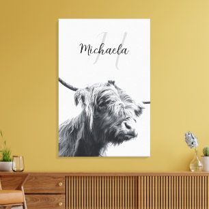 Toile Portrait de vache Highland premier monogramme noir