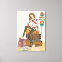 Portrait d'une jeune femme assise sur une valise