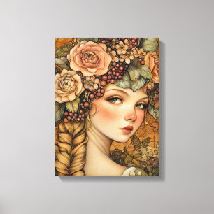 Toile Portrait floral de la déesse automnale Art Nouveau
