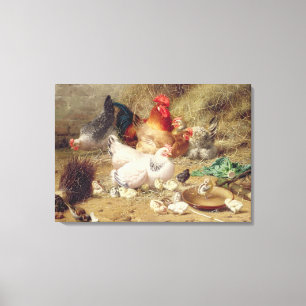 Toile Poules nichant avec leurs poulets