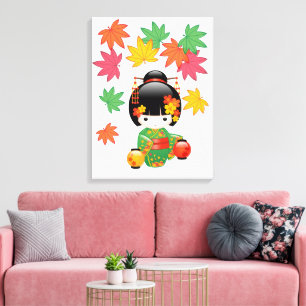 Toile Poupée Kokeshi d'automne - Fille Geisha en Kimono