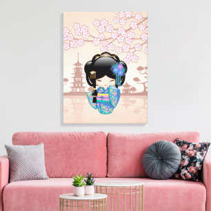 Toile Poupée Kokeshi Keiko - Fille Geisha en Kimono Bleu