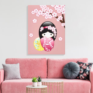 Toile Poupée Kokeshi Printemps - Cute Geisha Japonais en