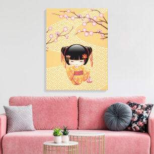 Toile Poupée Kokeshi Ume - Fille Geisha de la Pêche Japo
