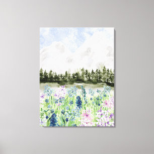 Toile Prairie de fleurs bleues violettes à l'aquarelle s