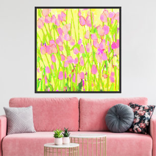 Toile Prairie de tulipes roses tiges et feuilles