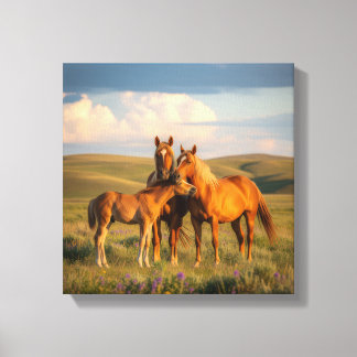 Toile Prairie Family – Chevaux et Poulain au Coucher de