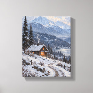 Toile Première neige à la cabane bleu clair – Paysage d'