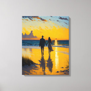 Toile Promenade romantique, couple sur la plage peinture