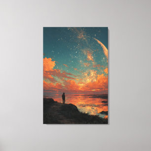 Toile Promeneur sous un énorme croissant de lune