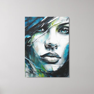 Toile Quadro abstrato rosto de mulher azul, cinza, preto