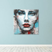 Toile Quadro abstrato rosto de mulher azul, cinza, red (Insitu (Plancher de Bois))