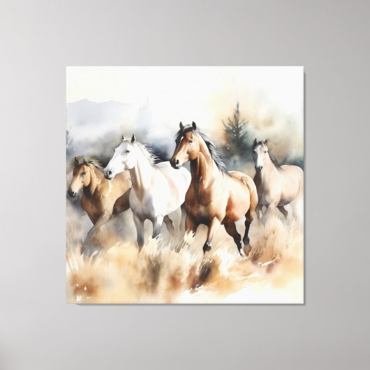 Toile "Quatre Mustangs sauvages" Aquarelle occidentale D (Recto)
