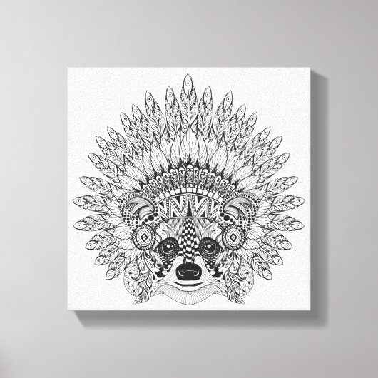Toile Raccoon Dans Plumes War Bonnet Doodle 6 (Recto)