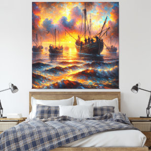 Toile Récupération des pêcheurs au coucher du soleil