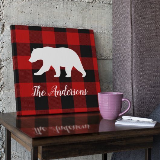 Toile Red Buffalo Plaid & Bear | Nom personnel Cadeau