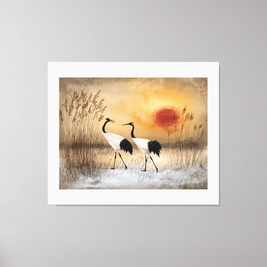 Toile Red crowned cranes, watercolor artwork, (Recto)