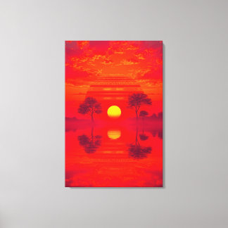 Toile Reflet carmin - Coucher de soleil sur le lac