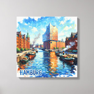 Toile Reflets de lumière dans le port de Hambourg sur to