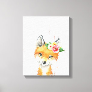 Toile Renard Bébé Floral Aquarelle, Animaux de la Forêt