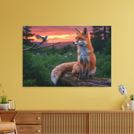 Toile Renard et Oiseau au Coucher de Soleil – Forêt Tran (Insitu(Salon))