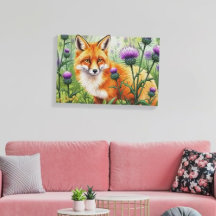 Renard parmi les fleurs de chardon violet Aquarell