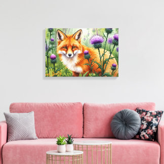 Toile Renard parmi les fleurs de chardon violet Aquarell