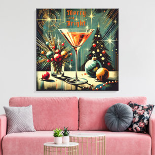 Toile Retro 50s Joyeux et Lumineux Martini de Noël