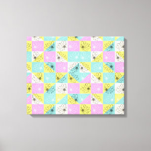 Toile Rétro floral années 70 Rose pastel et damier sarce