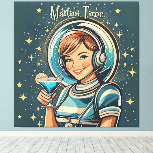 Toile Rétro Futuriste Astro Fille Martini Time (Insitu (Plancher de Bois))