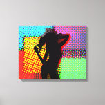 Toile Retro Pop Art Halton Super Danser<br><div class="desc">Une oeuvre d'art pour un environnement moderne ce pop art rétro branché a inspiré une image mi-teinte avec la silhouette d'une dame dansante sur un arrière - plan coloré.</div>