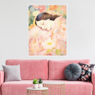 Toile Rêverie en fleurs – Femme endormie à l'aquarelle