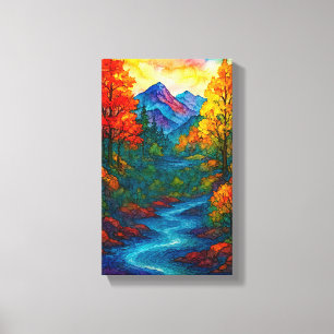 Toile Rivière de montagne et arbres vibrants à l'encre a