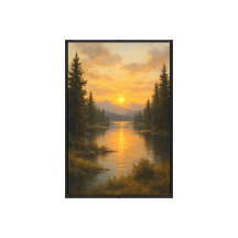 Rivière du coucher de soleil doré entre les pins
