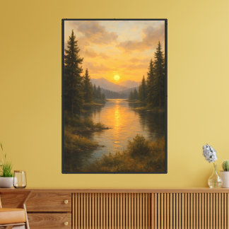 Toile Rivière du coucher de soleil doré entre les pins
