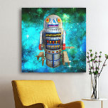 Toile Robot en métal bleu bulle galaxie vintage rétro<br><div class="desc">J'adore les visages rétro et mignons sur les robots vintages, jouet en métal de l'enfance. Voici l’un de mes coups de coeur, dressé contre une bulle bleu turquoise dans le ciel. Ajoutez un peu de style à votre chambre avec cette peinture murale amusante, colorée, photo illustration. Fait un grand cadeau...</div>