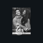 Toile Romantique élégant noir et blanc photo fiançailles<br><div class="desc">Personnalisez et customisez cette toile enveloppée avec votre photo fiançailles (un filtre noir et blanc est automatiquement appliqué à votre photo). Utilisez-le comme une belle signalisation pour votre fête de fiançailles et mariage qui sera un bel affichage pour votre maison. Avec le mot "amour" dans un style typographique élégant, les...</div>