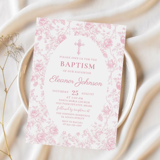 Toile rose Bow Baptême Girl Invitation