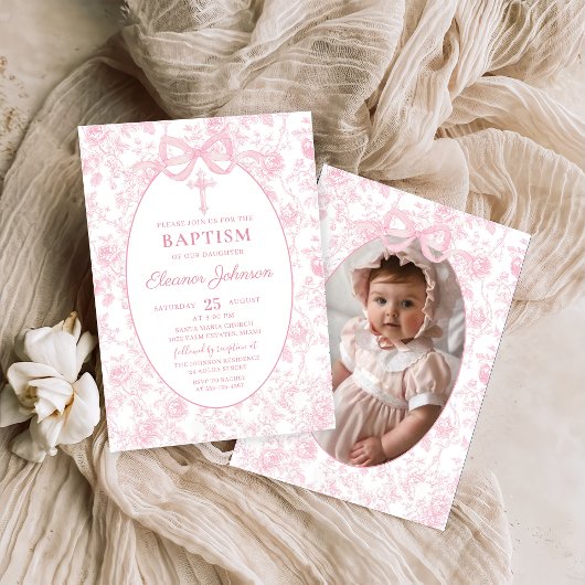 Toile rose Bow Baptême Girl Photo Invitation