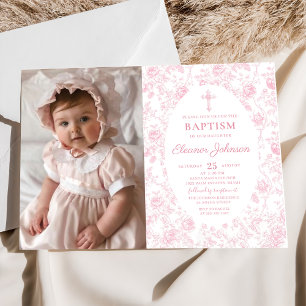 Toile rose Bow Baptême Girl Photo Invitation