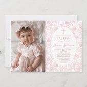 Toile rose Bow Baptême Girl Photo Invitation (Devant)