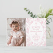 Toile rose Bow Baptême Girl Photo Invitation (Debout devant)