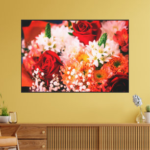 Toile Rose Rouge et Fleurs Blanches Cadre Noir Mat -Mur