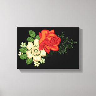 Toile Rose rouge et marguerites sur fond noir