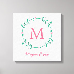 Toile Rosebud Wreath rose et vert Nom Nursery Art