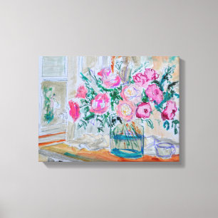 Toile Roses roses dans un vase en verre