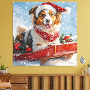 Toile Rough Collie Dog in Sledge Let Snow Christmas