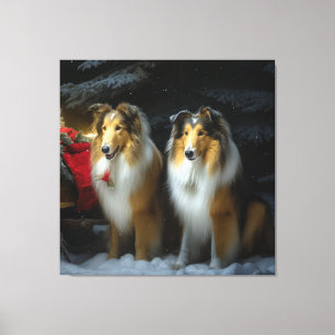 Toile Rough Collie Snowy Sleigh Décor de Noël