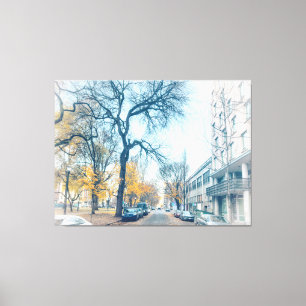 Toile Rue d'automne avec arbres et voitures