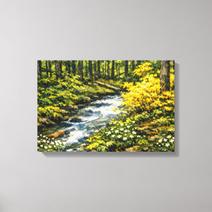 Toile Ruisseau forestier avec fleurs sauvages jaunes